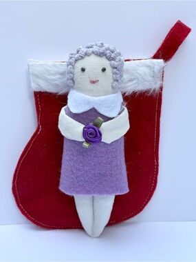Pocket doll in red stocking Christmas ornament mini embroidery purple hair dress